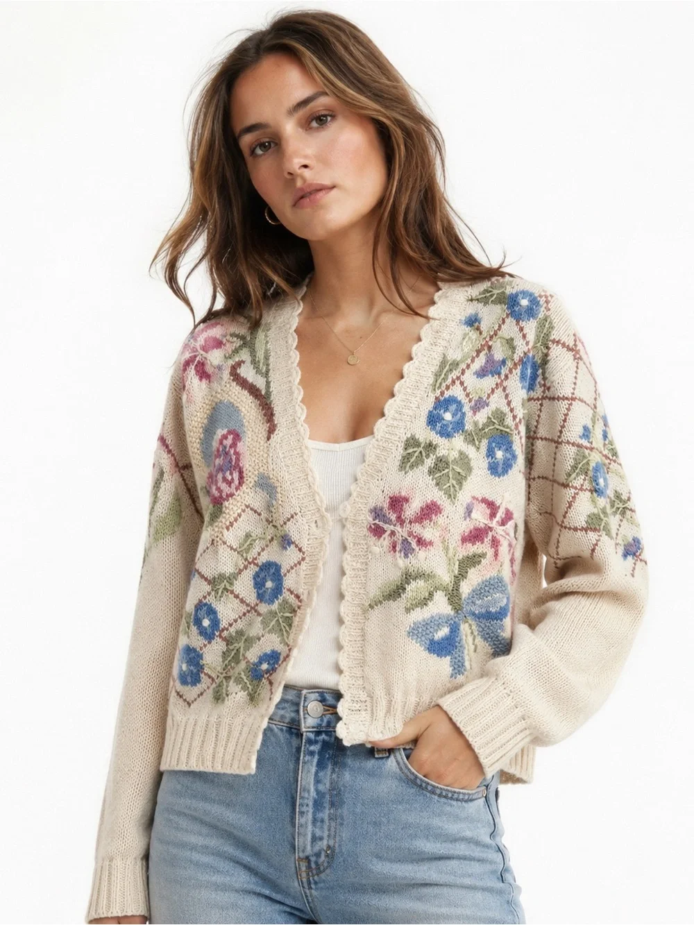 Vintage Hand Knit Floral Cottagecore Cardigan Cream Embroidered Sweater